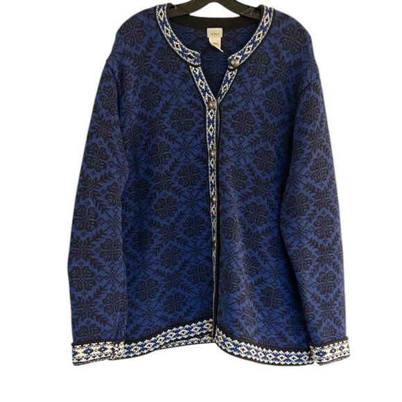 L.L. Bean 100% Cotton Blue Black Cardigan Sweater Size 1X Made in Australia - Picture 1 of 9